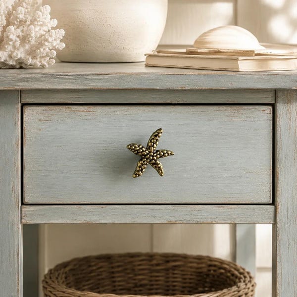 Starfish Cabinet Knob, Weathered Brass Cast Iron Drawer Pull, 3"