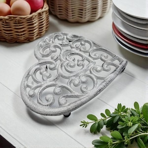 Heart Trivet and Pot Holder, Distressed White Cast Iron