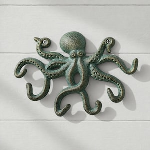 Octopus Wall Hook, Green Bronze Cast Iron for Coats, Keys or Towels, 9.7"