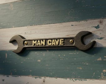 Spanner Wrench Man Cave Plaque, Cast Iron Industrial Garage Decor, 11.5"