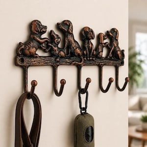 Dog Family 5-Hook Rack, Cast Iron for Leashes, Coats or Keys, 8.5"