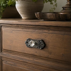 Crystal Drawer Pull, Cast Iron Vintage Cabinet Knob Hardware, 5.6"