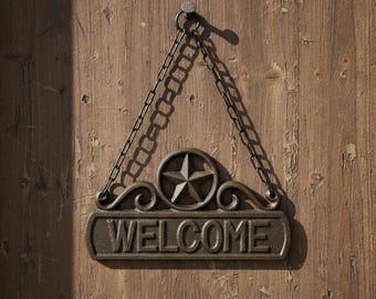 Welcome Hanging Plaque, Cast Iron Rustic Front Door Decor, 8.5"