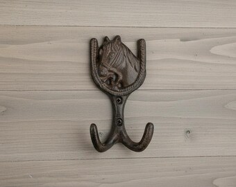 Horseshoe Double Wall Hook, Vintage Cast Iron for Coats, Keys or Towels, 5.5"