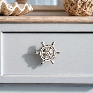 Ship Wheel Cabinet Knob, Distressed White Cast Iron Drawer Pull, 2.8"
