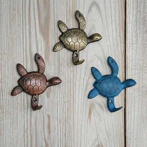 Sea Turtle Wall Hooks, Cast Iron Set of 3, Mixed Finishes