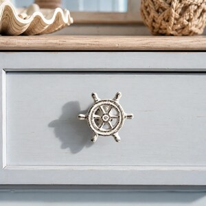 Ship Wheel Cabinet Knob, Distressed White Cast Iron Drawer Pull, 2.8"