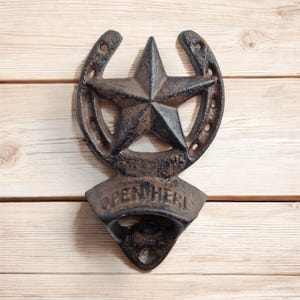 Wall Mount Open Here TX Star Horseshoe Beer/Soda Cap Bottle Opener Bar/Pub Decor Wall Mount Open Here TX Star Horseshoe Beer/Soda Cap Bottle Opener Bar/Pub Decor