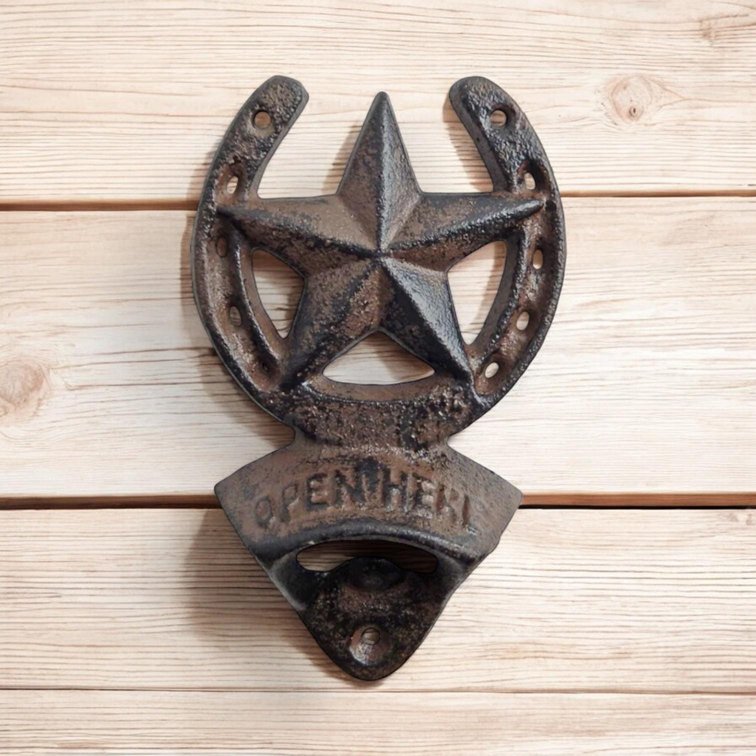 Wall Mount Open Here TX Star Horseshoe Beer/Soda Cap Bottle Opener Bar/Pub Decor Wall Mount Open Here TX Star Horseshoe Beer/Soda Cap Bottle Opener Bar/Pub Decor