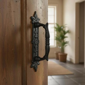 Door Handle with Ornate Backplate, Black Cast Iron Pull