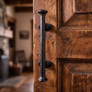 May include: A black, textured, cylindrical metal door handle with flared ends, mounted vertically onto a dark brown, weathered wooden door with visible grain and paneling, secured by two black screws at the top and bottom brackets.