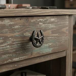 Horseshoe Star Drawer Pull, Cast Iron Western Cabinet Knob, 2.2"