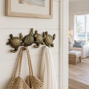Sea Turtle 4-Hook Rack, Cast Iron Coastal Wall Hooks, 8.5"