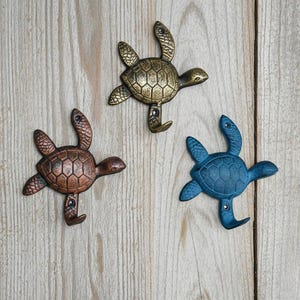 May include: Three decorative turtle-shaped hooks in bronze, brass, and blue. Each hook has a detailed turtle shell design and a hook extending from the bottom. The hooks are mounted on a light wood surface.