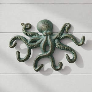 Octopus Wall Hook, Green Bronze Cast Iron for Coats, Keys or Towels, 9.7"