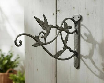 Hummingbird Plant Hanger, Cast Iron Wall Bracket, Natural Iron
