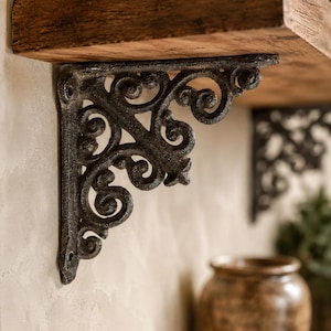 Scroll Shelf Bracket, Cast Iron Vintage Ornate Wall Mount Support, 3.8"