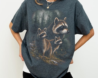 Three Raccoons Retro Graphic T-shirt, Vintage Gildan Raccoon Tshirts, Forrest Animal Lovers, Grunge Tee