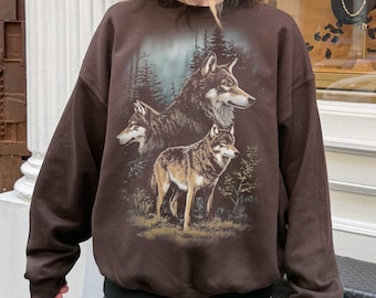Three Wolfs Vintage Sweatshirt, Nature Wildlife Cotton Crewneck