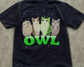 Meow Owl Meme T-Shirt, Funny Cat Graphic Print, Brainrot Cats Gift