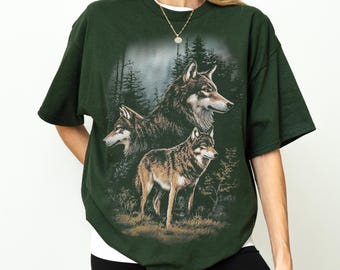 Camiseta vintage de los 90 con estampado de lobo, de algodón Gildan.