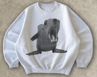 Screaming Sea Lion Sweater, Unisex Pullover, Cotton-Poly Blend, Nautical Style