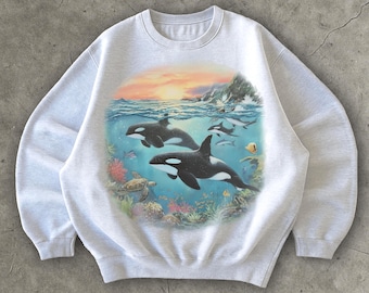 Orca Sonnenuntergang Sweatshirt, 90s Style Ozean Delphin Sweater, Gildan Baumwoll Pullover