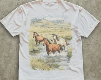 Vintage Wildpferde Fluss Grafik T-Shirt, Retro Western Tier Aufdruck, Pferde Liebhaber Geschenk
