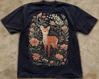 Flower Deer Graphic T-Shirt, Retro Floral Cottage Core Top, Fairycore Fawn Shirt