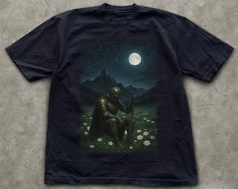 Grafisch T-shirt Dark Fantasy Knight, vintage DarkFantasy-kleding, retro middeleeuws katoenen T-shirt