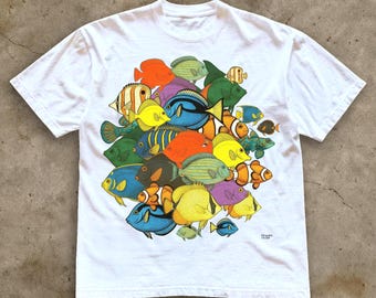 Camiseta vintage de peces exóticos, camiseta retro de animales del océano, camisa de algodón con estampado de coral