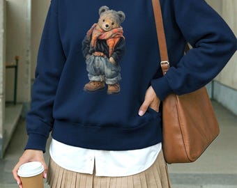 Suéter de osito de peluche con bufanda, sudadera de algodón acogedora con osito