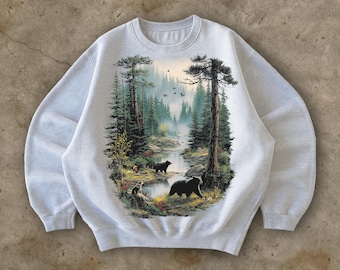Sudadera vintage Bear Forrest, suéter retro con oso negro, cuello redondo de algodón Gildan