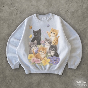 Retro Kitten Sweatshirt, 90s Style Vintage Cute Cats Pullover, Boho Unisex Flowers Cat Butterfly Grafic Crewneck, Retro Animal Top