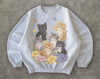 Retro Kitten Sweatshirt: 90s Graphic Cats & Flowers Pullover