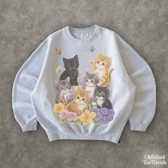 Retro Kitten Sweatshirt: 90s Graphic Cats & Flowers Pullover