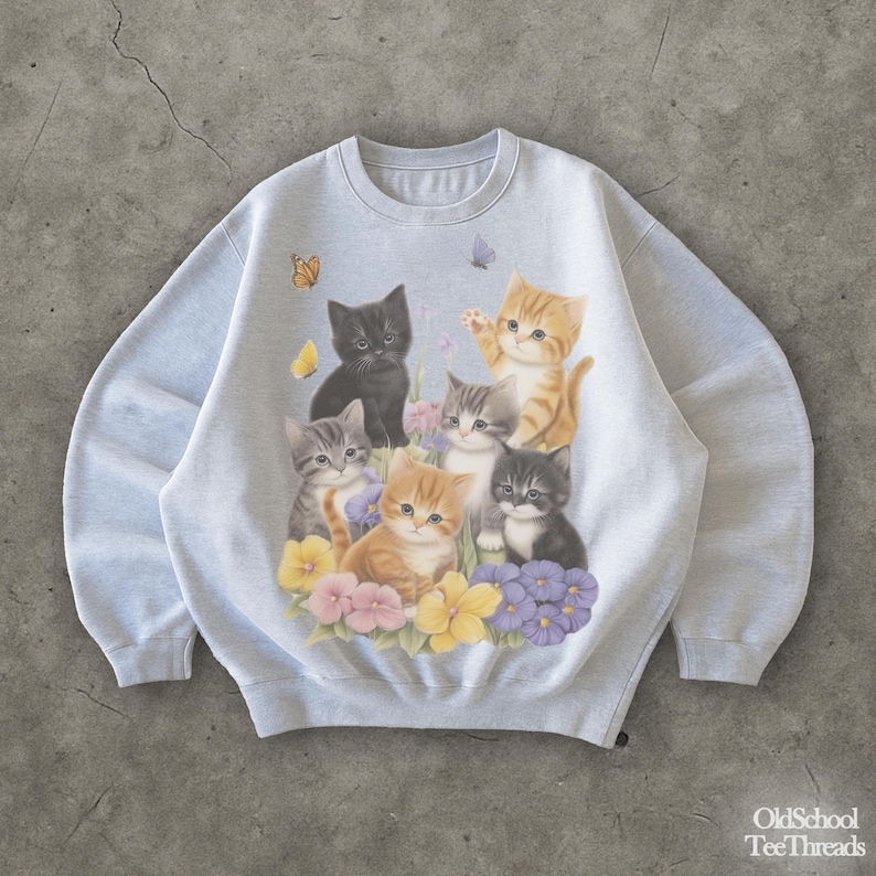 Retro Kitten Sweatshirt, 90s Style Vintage Cute Cats Pullover, Boho Unisex Flowers Cat Butterfly Grafic Crewneck, Retro Animal Top