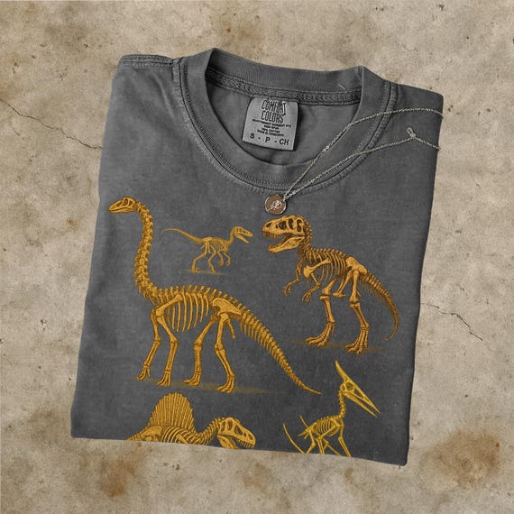 Vintage Dino Skeleton T-Shirt, Fossil Dinosaur Design, Retro Comfort Colours C1717 Tee