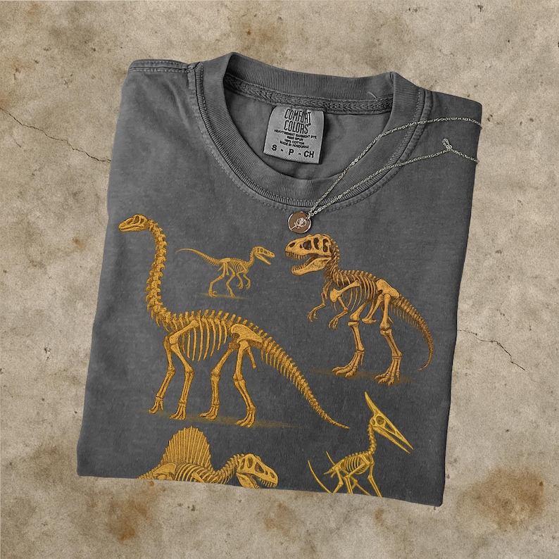 Vintage Dino Skeleton T-Shirt, Fossil Dinosaur Design, Retro Comfort Colours C1717 Tee