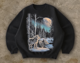 Retro Wolf Winter Sweatshirt, Animal Print Cozy Cotton Pullover