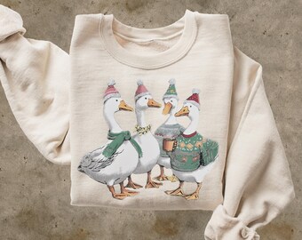 Christmas Geese Graphic Sweatshirt, Retro Silly Goose Cotton Sweater