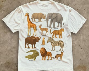 Vintage Safari Tier Tshirt, Savannah Natur T-Shirt klassisch, Löwe und Giraffe Baumwoll-Shirt