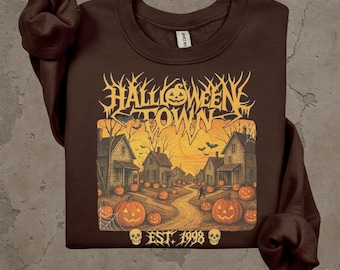 Vintage Halloween Town Sweatshirt, Gruseliger Herbst Grafik Pullover, Retro Horror Baumwollhemd