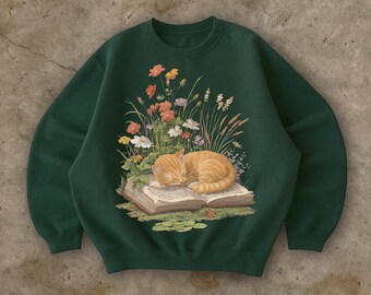 Bookish Cat Graphic Sweatshirt, 90s Style Floral Cat Cotton Sweater