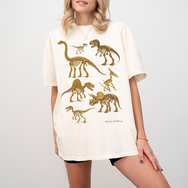 Vintage Dino Skeleton T-Shirt, Fossil Dinosaur Design, Retro Comfort Colours C1717 Tee