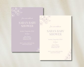 Purple Pastel Baby Shower Invitation Editable Template, Simple Floral Design