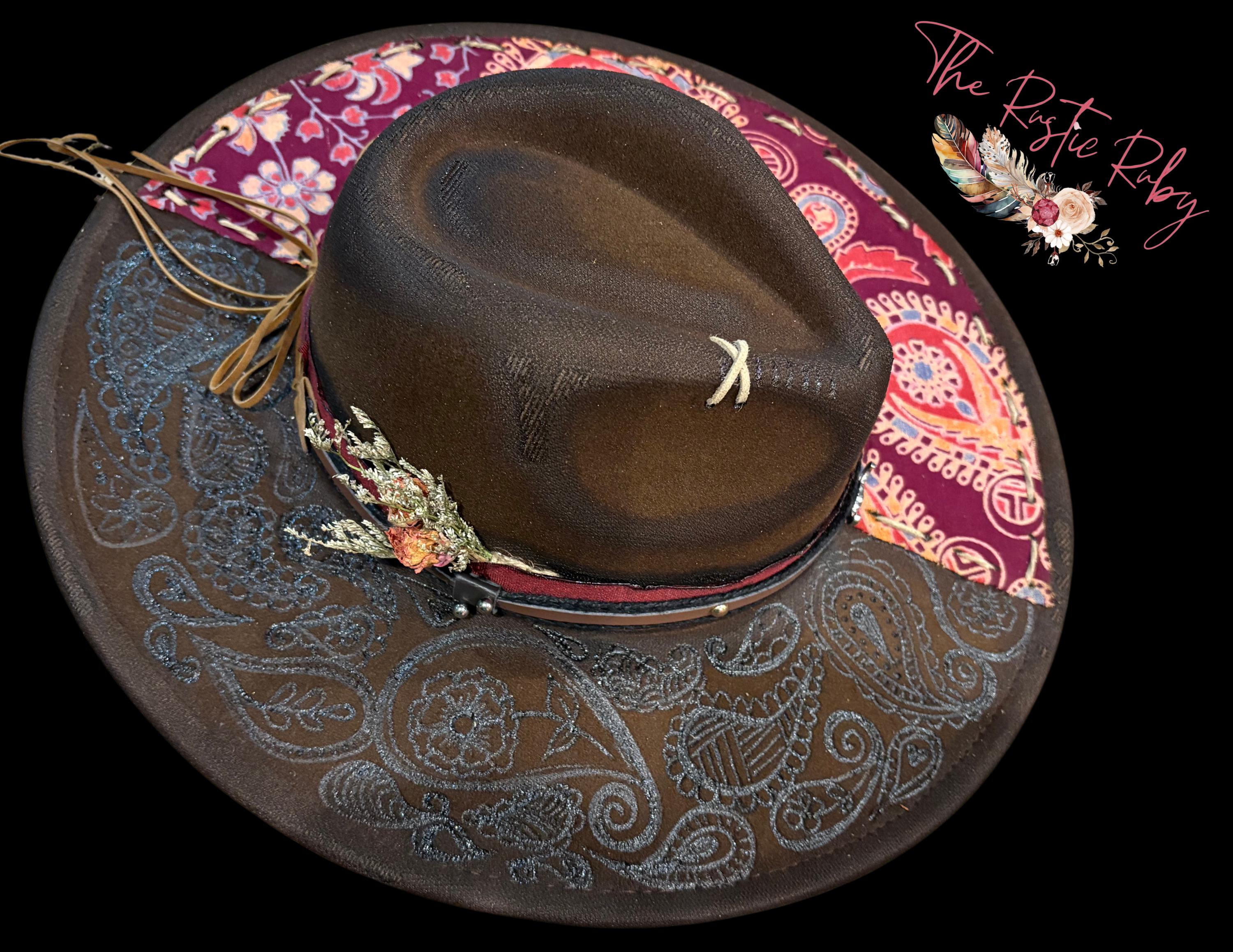 Tan Hand Burned Wide Brimmed Fedora with Paisley Design HAND BURNED Fedora|hand Burned Paisley Wide Brim Hat With  main image 2