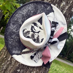 HAND BURNED HAT| Heart shaped rancher hat| Black and white heart shaped western hat| hand burned and hand shaped hat| wide brim|