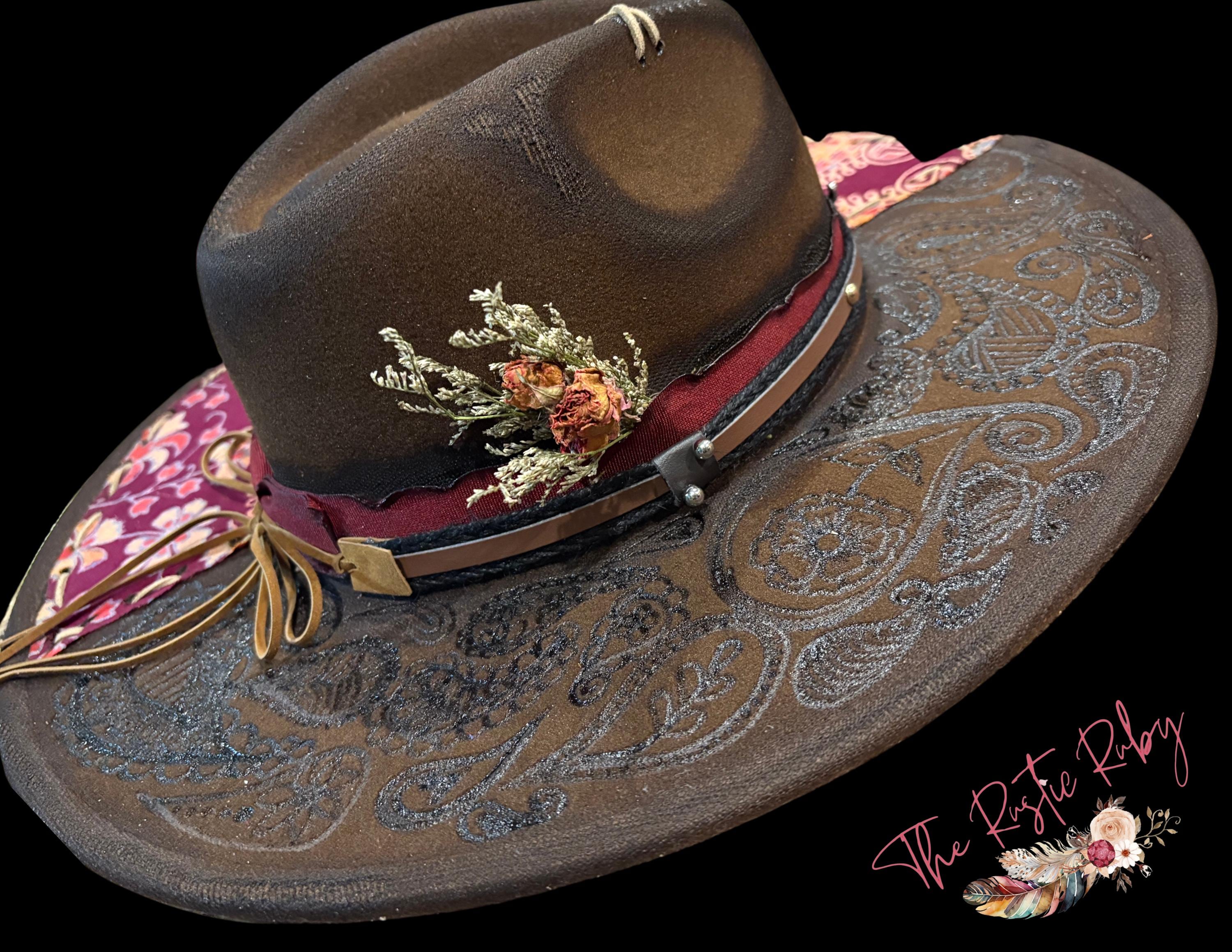 HAND BURNED Fedora|hand Burned Paisley Wide Brim Hat With 