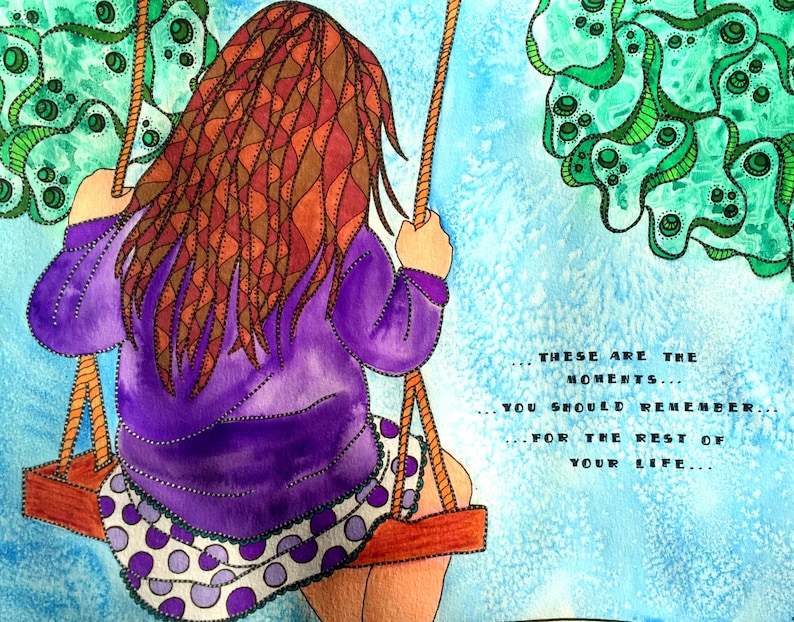 Little Girl Painting Girl Swinging Art Girl Painting Swinging Print Little Girl Watercolor